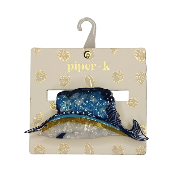 Piper K White Marlin w/ Yellow and Blue Pearlescent Rhinestone Accents Hair Clip - Picture 1 of 5